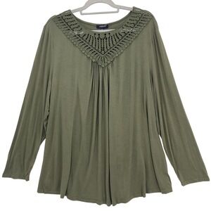 Green Crochet Lace Yoke Long Sleeve Blouse 4X Pleated Boho Top Plus Curvy